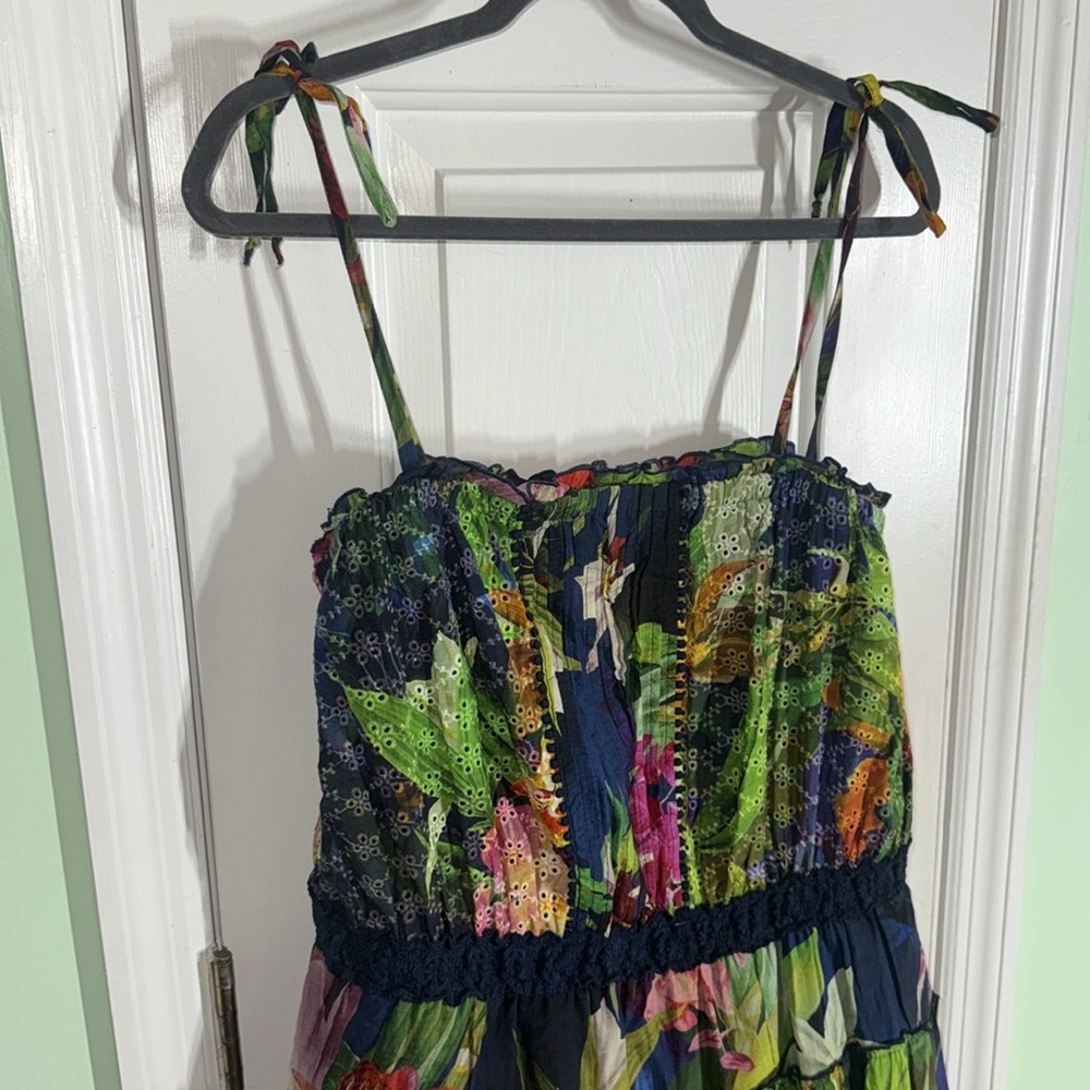 Guess Floral Print Kinsley Tiered Cotton Silk Boho Cottagecore Maxi Dress Size L - Picture 4 of 12
